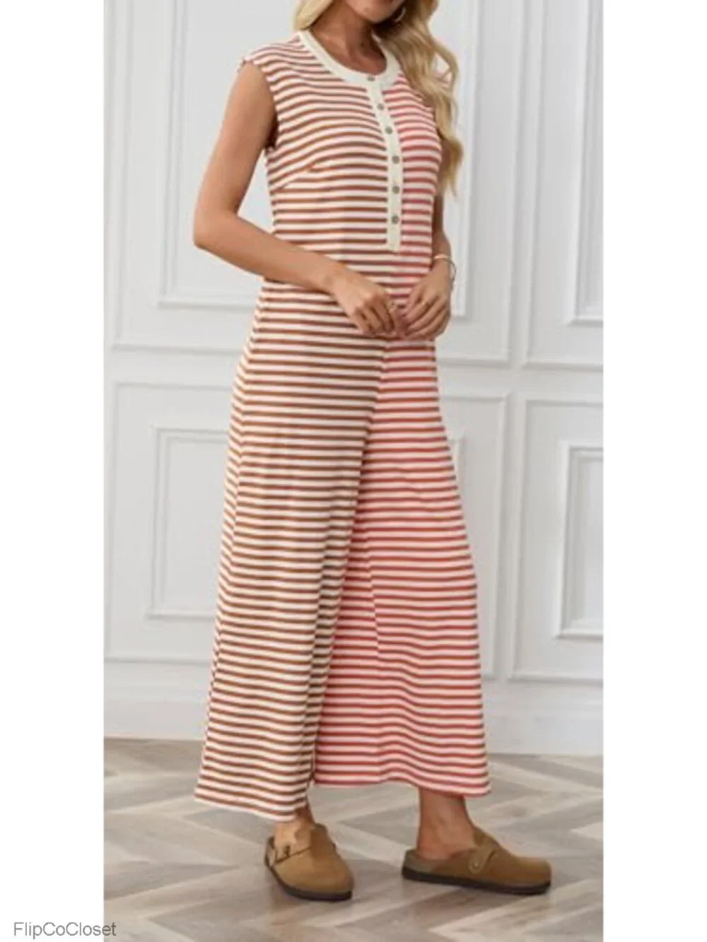 Wide Leg Striped Jumpsuit for Women Sleeveless Button Romper Flowy